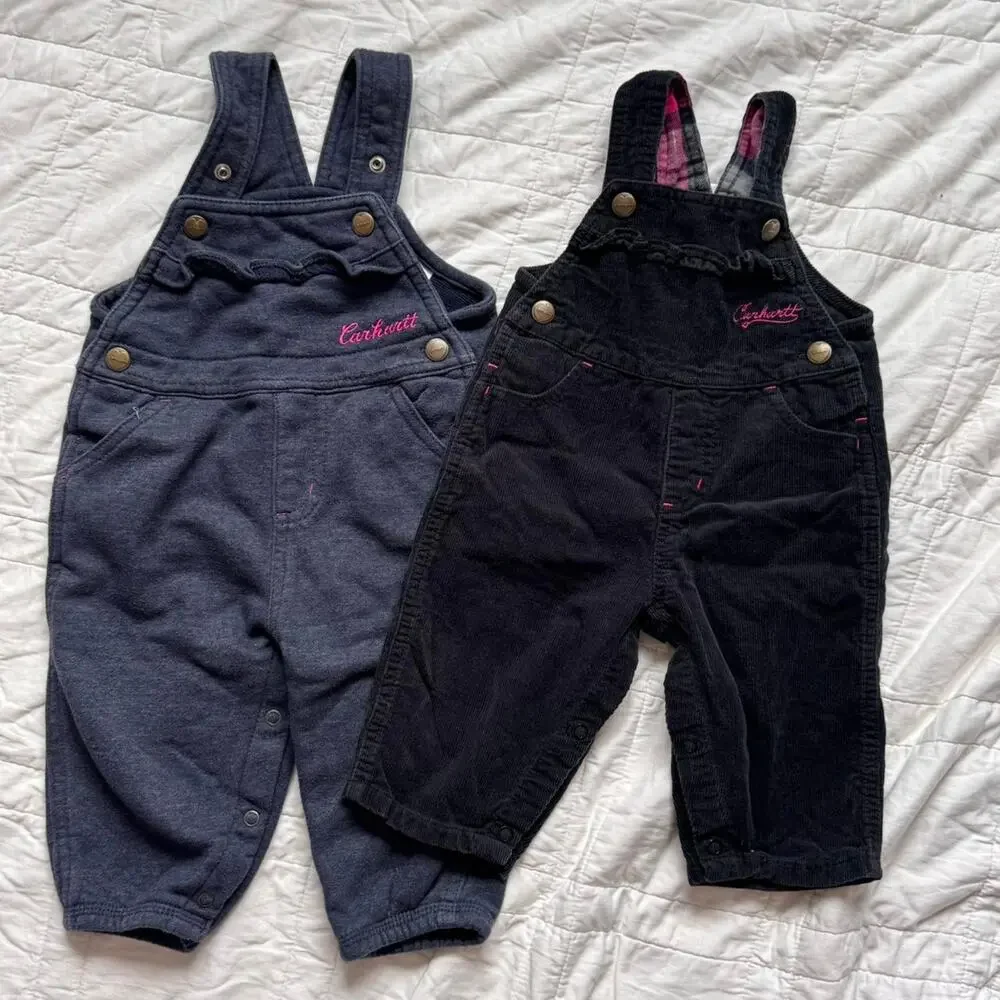 Carhartt Baby girls 6-9 & 9-12 month overalls lot of 2 black navy pants corduroy
